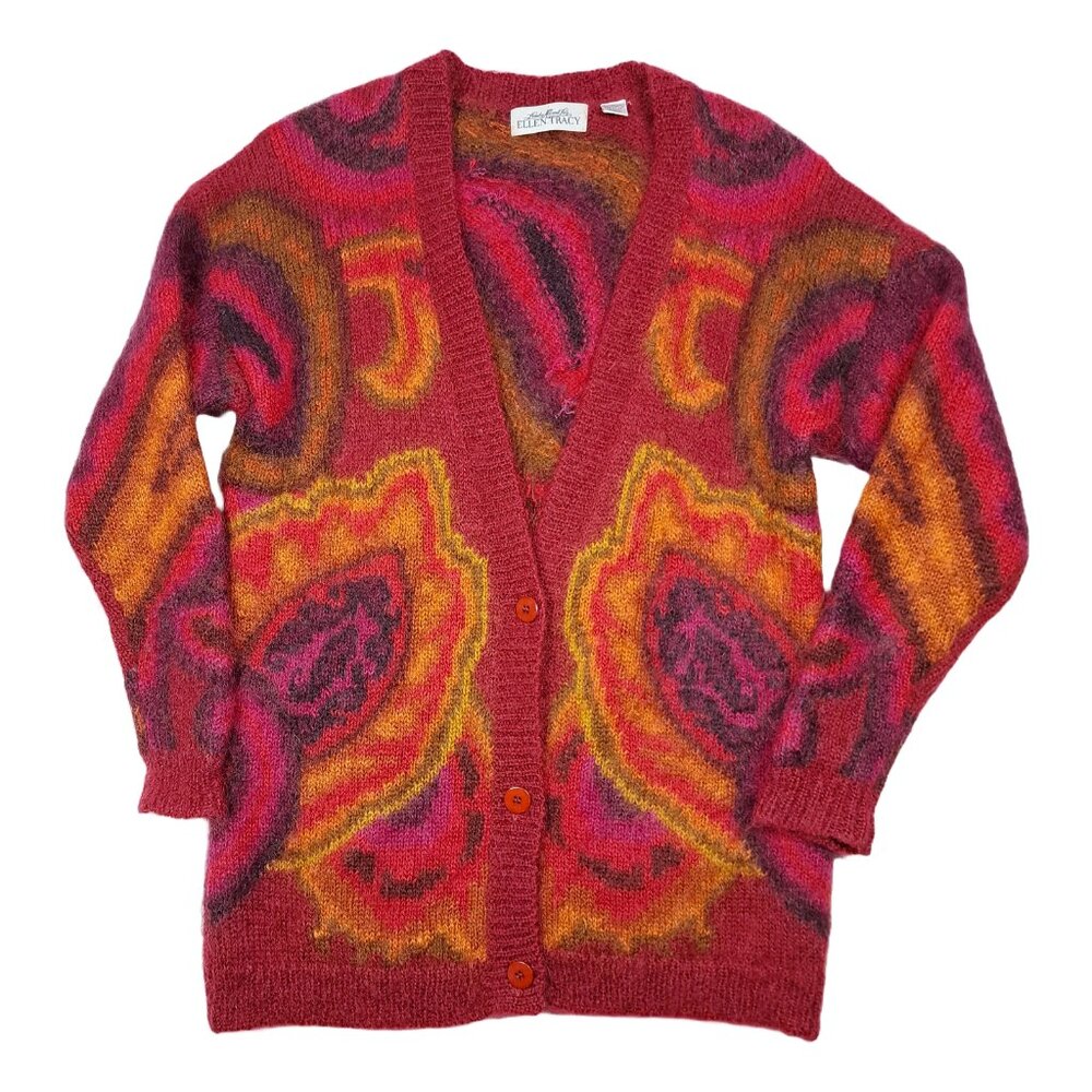 Vintage Linda Allard for Ellen Tracy Cardigan Sweater M Geometric Print Mohair